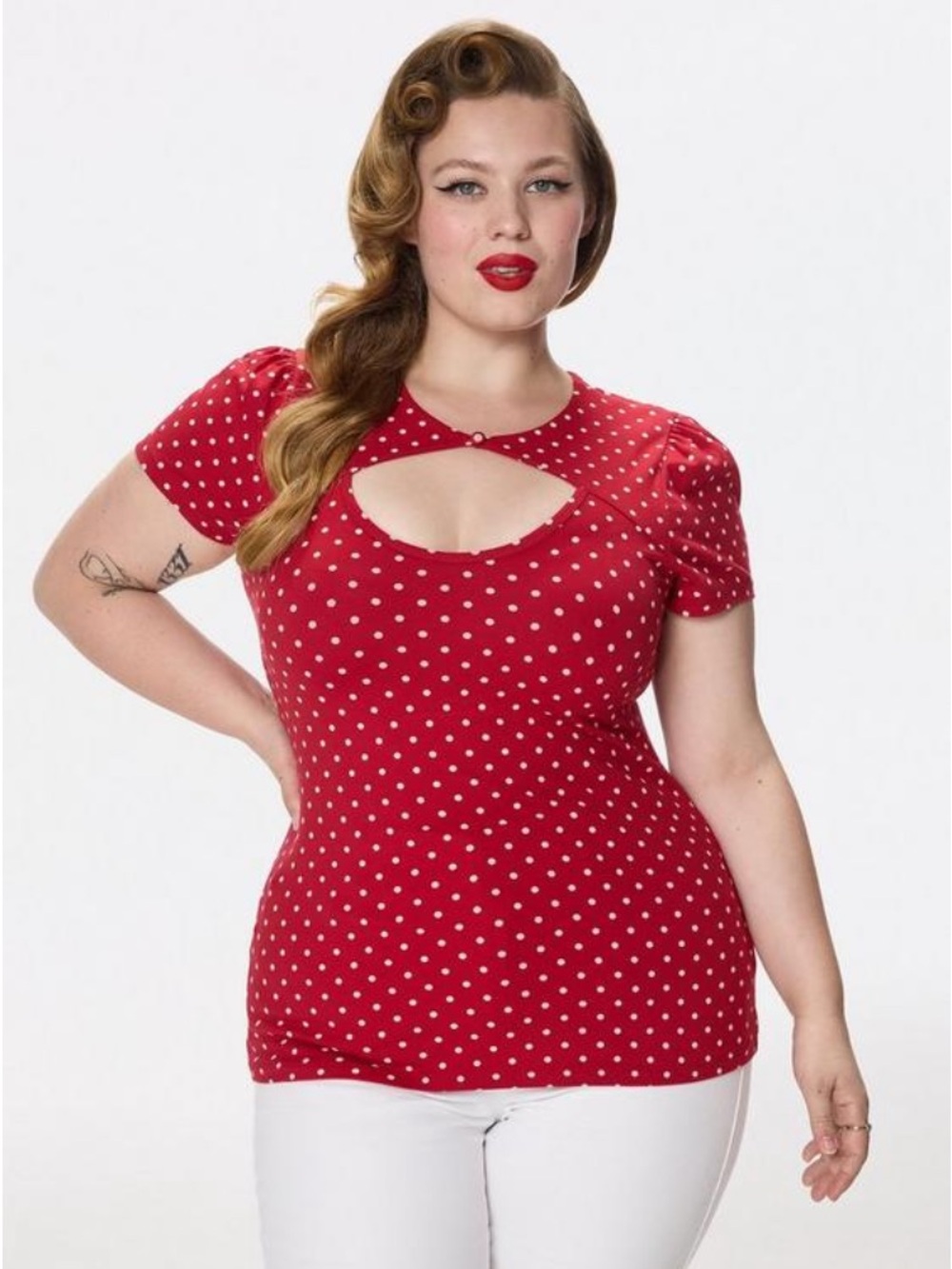 Torrid Retro Chic Button Neck Foxy Top in Commit Dot Red - Size 0/12 - NWT - Picture 2 of 16